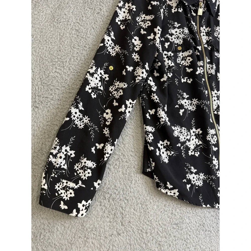 Michael Kors Jacket Womens Medium Black White Floral Full Zip Gold Accents Shirt